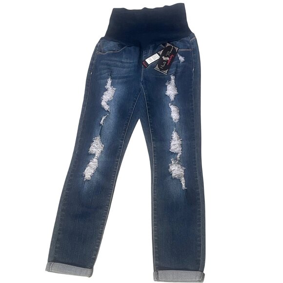 Haute Mama Women's Distressed Dark Wash Maternity Stretch Skinny Jeans Pants M - Picture 1 of 5